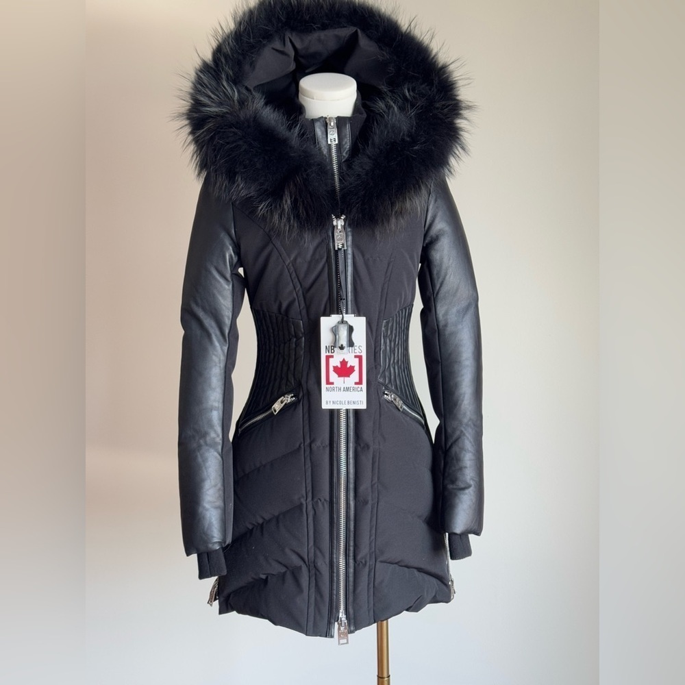 Nicole Benisti Courcheval Black on Black Leather Sleeve Down Parka XS NWT